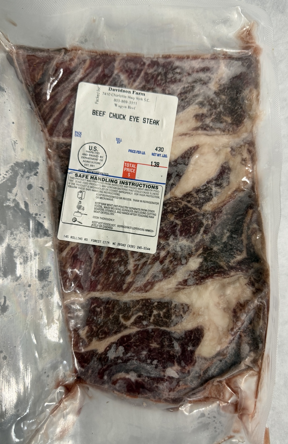Davidson Farm American Wagyu chuck eye steaks with their USDA-inspected label