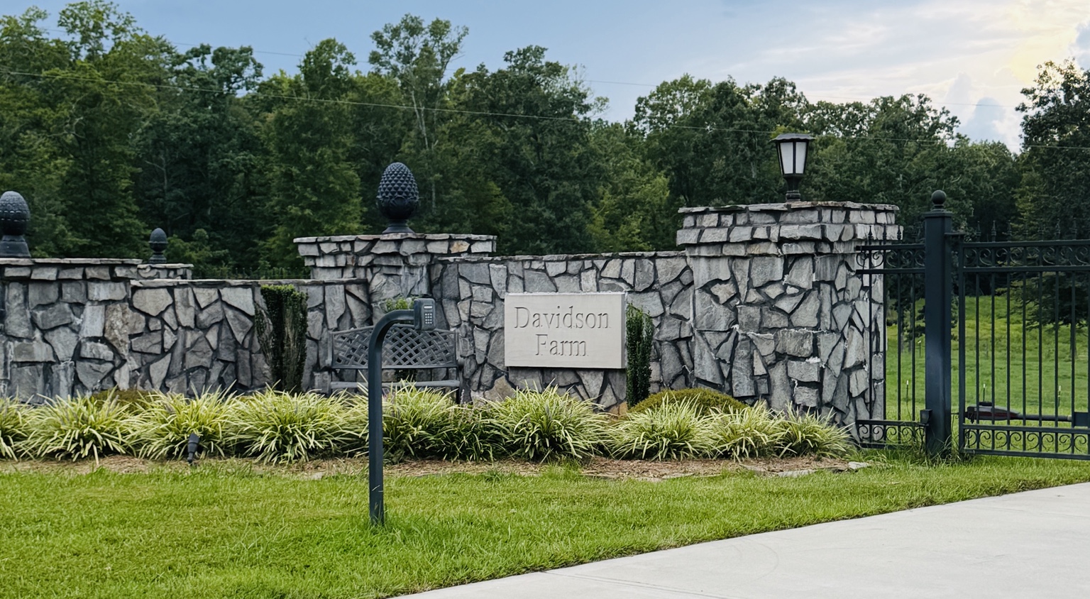 Stone and iron gated entrance to Davidson Farm in York County, South Carolina