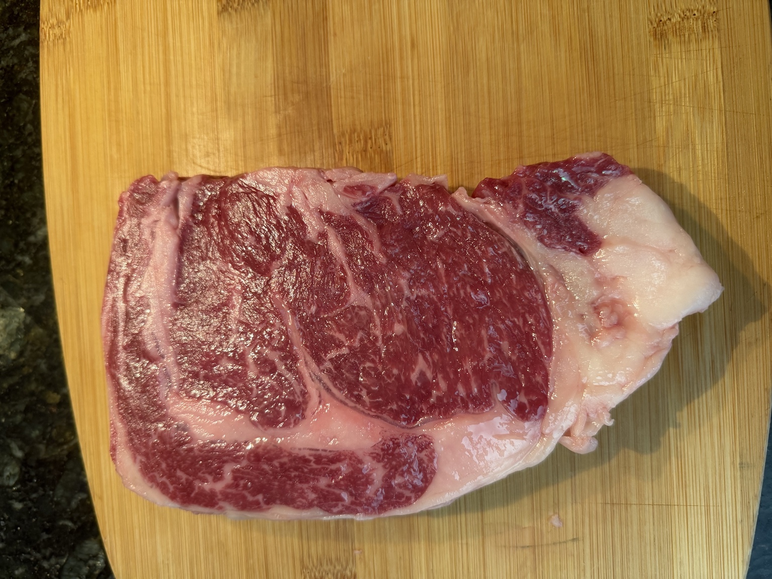 A second view of a marbled boneless American Wagyu ribeye from The Davidson Farm