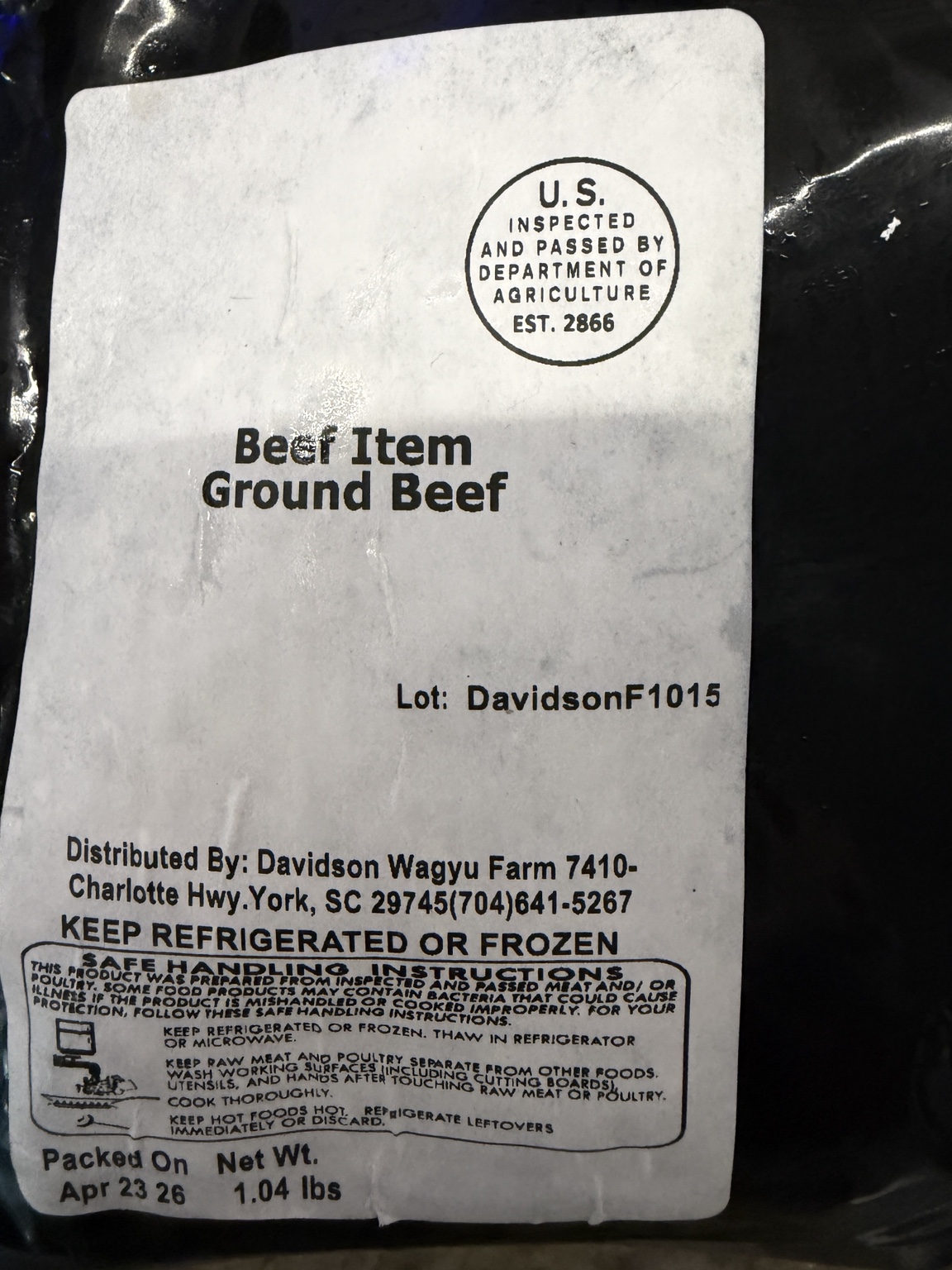 USDA-inspected label on an approximately one-pound package of ground Wagyu beef from The Davidson Farm