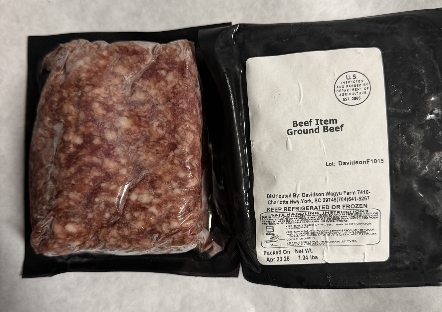 Davidson Farm ground American Wagyu beef in vacuum-sealed packaging