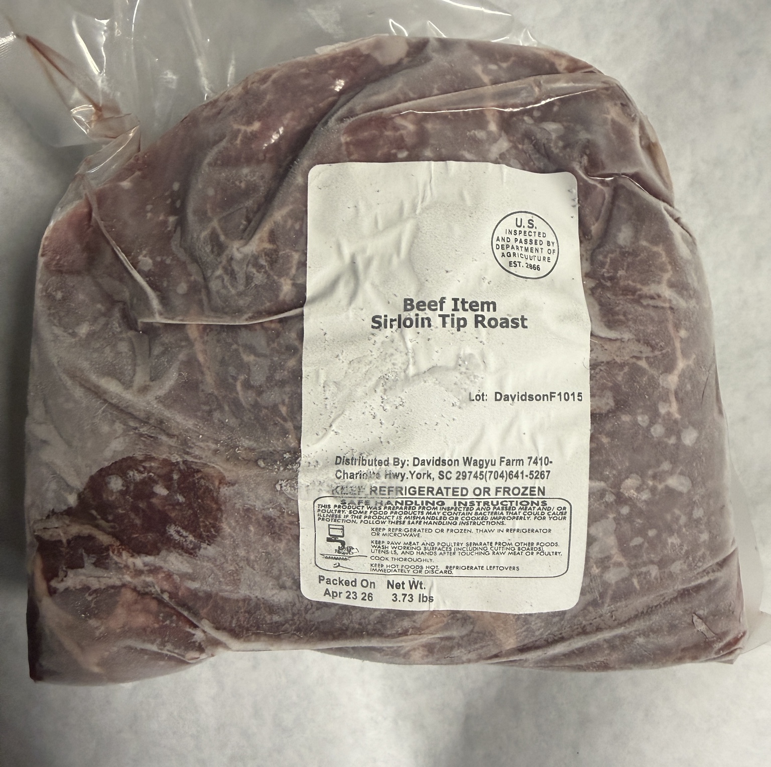 Davidson Farm American Wagyu sirloin tip roast in vacuum-sealed packaging