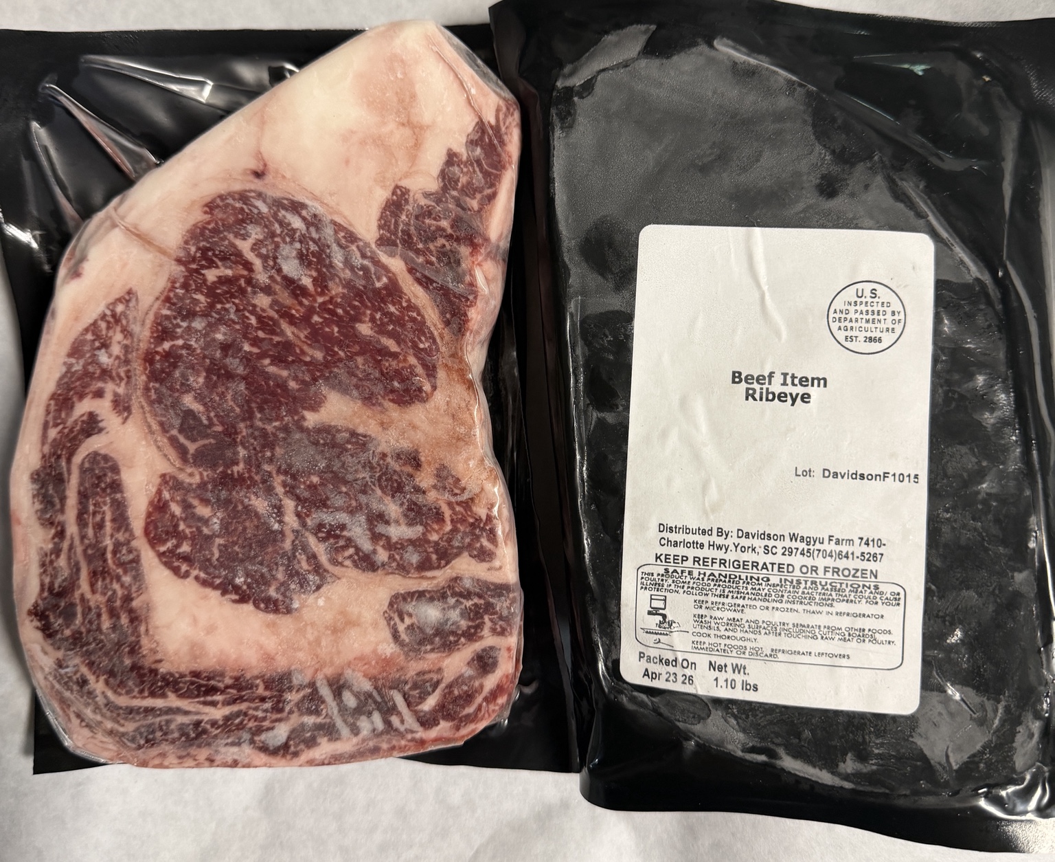 Vacuum-packed Davidson Farm American Wagyu ribeye with its USDA-inspected label